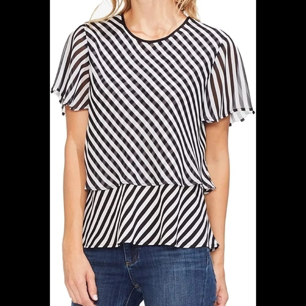 Vince Camuto Womens Black & White Striped Popover Top Blouse Size Small